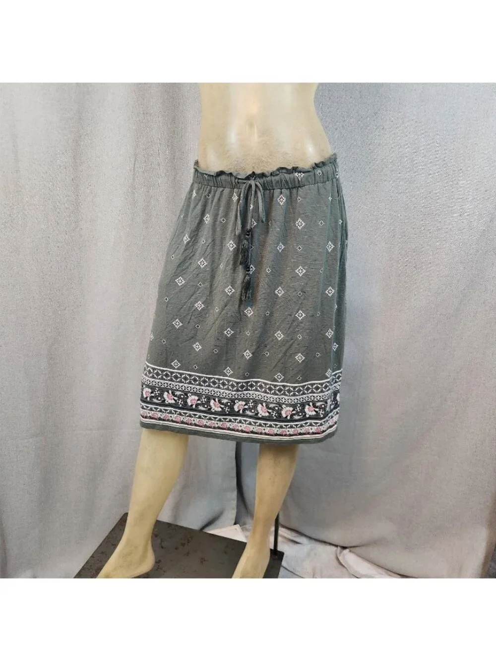 J Jill Olive Green Geometric Print Aline Drawstring Elastic Waist Skirt SMALL